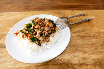 Rice topped with stir-fried pork and basil in a white dish. (Front focus)