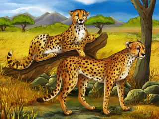 cartoon scene with cheetah resting on tree with family illustration for children