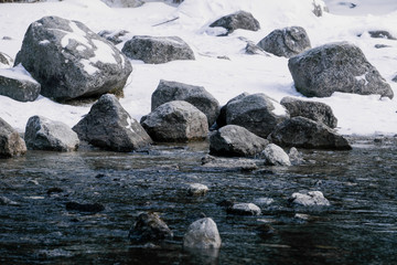 Fototapeta na wymiar Stone on ice. Winter landscape. Cold water in the lake