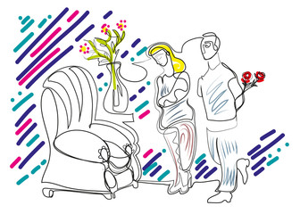 One continuous line drawing of standing sad woman and her husband waiting for make surprise. Simple line illustration of man making surprise with roses to his wife.