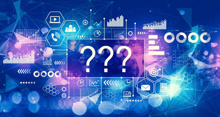 Question marks with technology blurred abstract light background