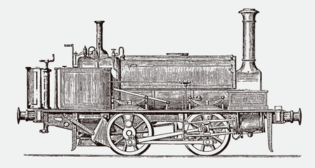 Historical steam locomotive engine in side view. Illustration after engraving from 19th century