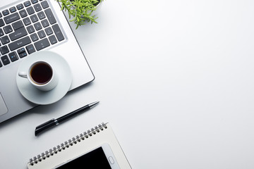 Office desk table with supplies. Flat lay Business workplace and objects. Top view. Copy space for text