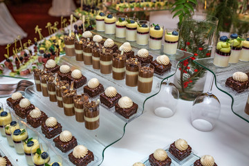 Catering. Off-site food. Buffet table with various sweet chocolate canapes, sandwiches and snacks with curd, strawberries, cheese and mint