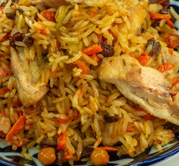  This is pilaf with chicken fillet closeup