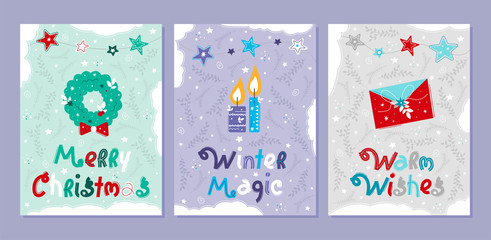 Fototapeta na wymiar Set of creative holiday postcard with lettering. Winter postcard template. Collection color postcards with holiday elements. Christmas and New Year vector illustrations with congratulation