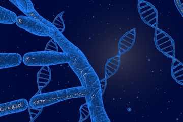 DNA double helix 3D render, closeup with blue color