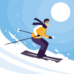 man with mountain ski, standing and in motion. Alpine skiing, extreme winter sport