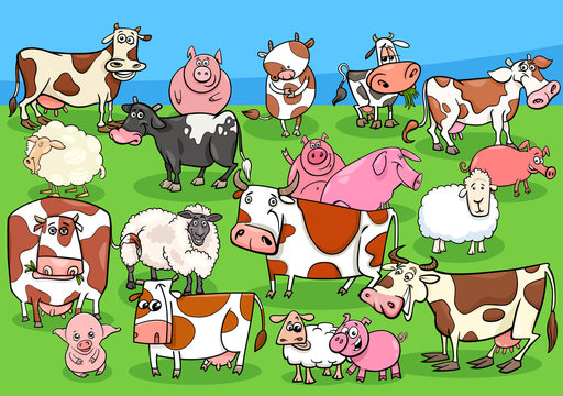 farm animals cartoon characters group on meadow