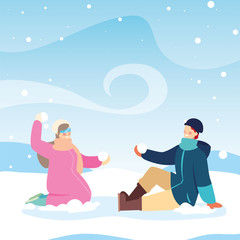 couple of people with winter clothes in landscape with snowfall