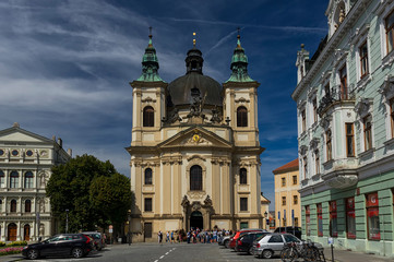 Fototapeta na wymiar Kromerir, Czech Republic - August 12. 2018: Church of st. John the Baptist (Kostel sv. Jana Krtitele) in Kromerir