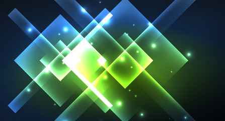 Obraz premium Neon glowing techno square rectangle lines, blue hi-tech futuristic abstract background
