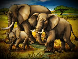 cartoon scene with elephant family safari illustration for children