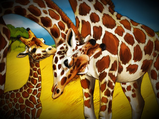 cartoon safari scene with giraffes family eating on the meadow - illustration for children