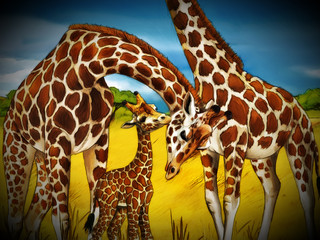 cartoon safari scene with giraffes family eating on the meadow - illustration for children