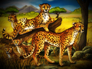 cartoon scene with cheetah resting on tree with family illustration for children