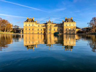 Paris, France - December 18, 2019: Palace in the Luxembourg Gardens on a sunny morning in Paris