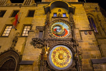 Historical medieval astronomical Clock in the Night, Prague Old Town Hall , Czech Republic