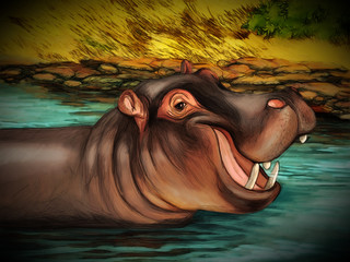 cartoon scene with hippopotamus in the water safari illustration for children