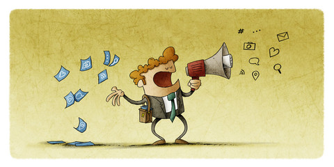 Man with a megaphone speaks and at the same time throws flyers. concept of publishing on social networks. - 310549224