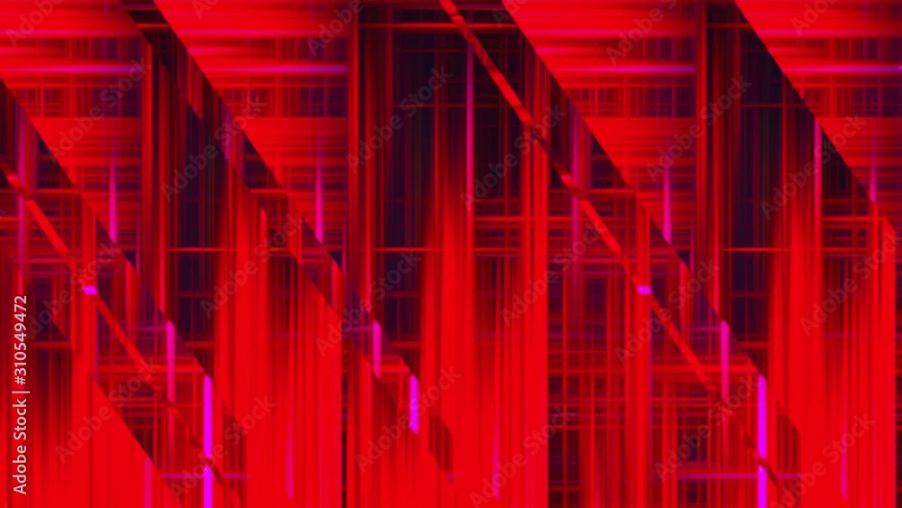 Poster computer generated inclined and horizontal glass stripes with many narrow neon light lines in differ