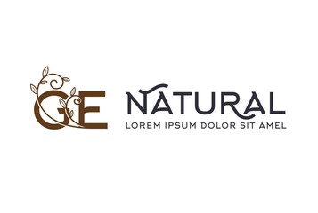 Creative brown floral wedding initial GE icon design with horizontal text. Vector logo template