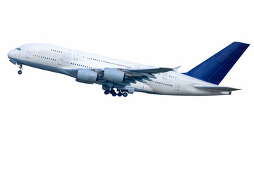 A big jet is taking-off on white background, isolated.