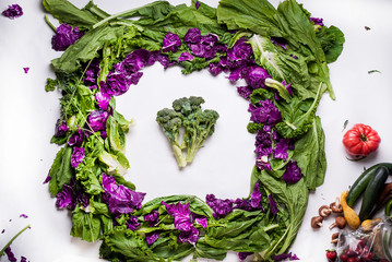 Broccoli framed by lettuce and cabbage