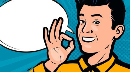 Successful businessman or man shows hand gesture excellent. Vector illustration in style comic pop art
