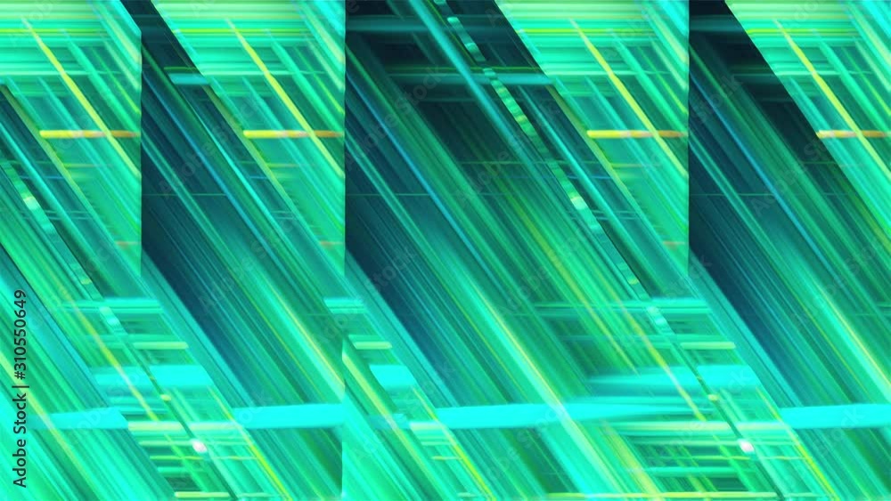 Poster computer generated inclined and horizontal glass stripes with many narrow neon light lines in differ