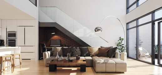 Modern living room in loft apartment, 3d render © artjafara
