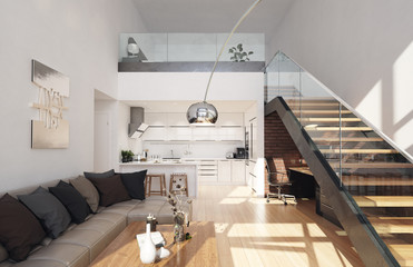 Modern living room in loft apartment, 3d render