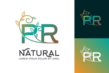 Yellow green brown gradient wedding floral initial PR icon design. Vector logo template