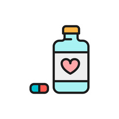 Heart disease pills flat color line icon. Isolated on white background