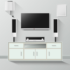 Vector Minimalist modern TV shelf , decorations and sound system.  graphic template.
