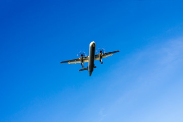 plain aircraft flies in the blue sky