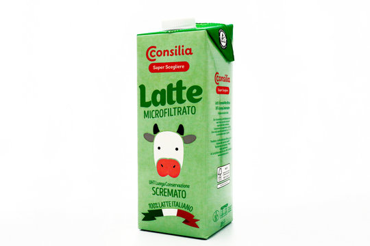 Italy – December 19, 2019: Consilia Pasteurized Low Fat Italian MILK. Tetra Pak packaging