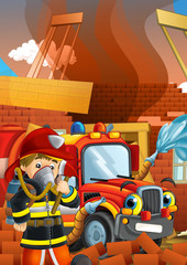 cartoon stage with fireman near building and brave firetruck is helping colorful illustration for children