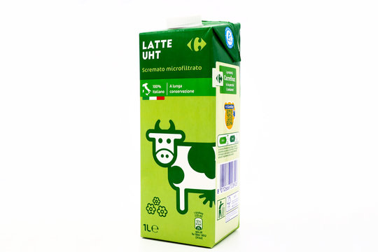 Italy – December 19, 2019: Carrefour Pasteurized Low Fat MILK. Italian Milk product for Carrefour Supermarket chain by Sterilgarda. Tetra Pak packaging