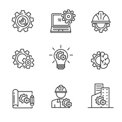 Set of engineering related icon with outline style. Gear and engineering vector illustration with simple black line design 