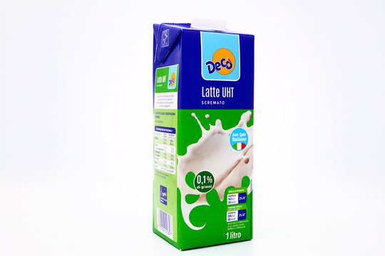 Italy – December 19, 2019: Decò Pasteurized Low Fat MILK. Italian Milk product for Decò Supermarket chain (Multicedi Group) by Arborea. Tetra Pak packaging