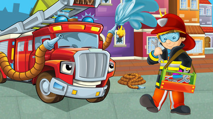 cartoon stage with fireman near building and brave firetruck is helping colorful illustration for children