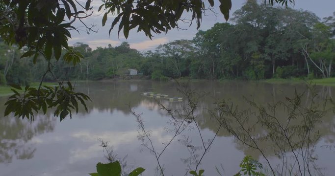 Fish Farming Cage in the Amazon Rainforest with Tiny Houses on a Large River in Pando / Bolivia