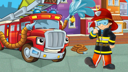 cartoon stage with fireman near building and brave firetruck is helping colorful illustration for children