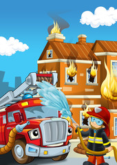 Naklejka premium cartoon stage with fireman near building and brave firetruck is helping colorful illustration for children