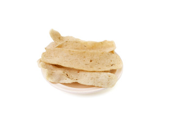 Fried Keropok Lekor; Traditional Malaysian Fish Cake with made from fishes, Sago flour and salts..