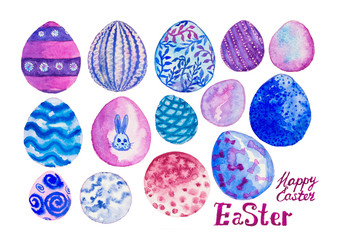 Pink, violet and blue Easter eggs. Hand drawn watercolor Easter set.