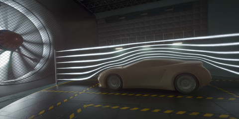 Imaginary sports car, modeled and created using CAD software. Conceptual prototype inside aerodynamic tunnel.