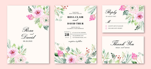 wedding invitation set with sweet pink flower watercolor