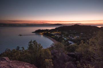 Magnetic island, Australia: view on the bay from the Hawkings point track during sunset, beautiful colourful pink sky